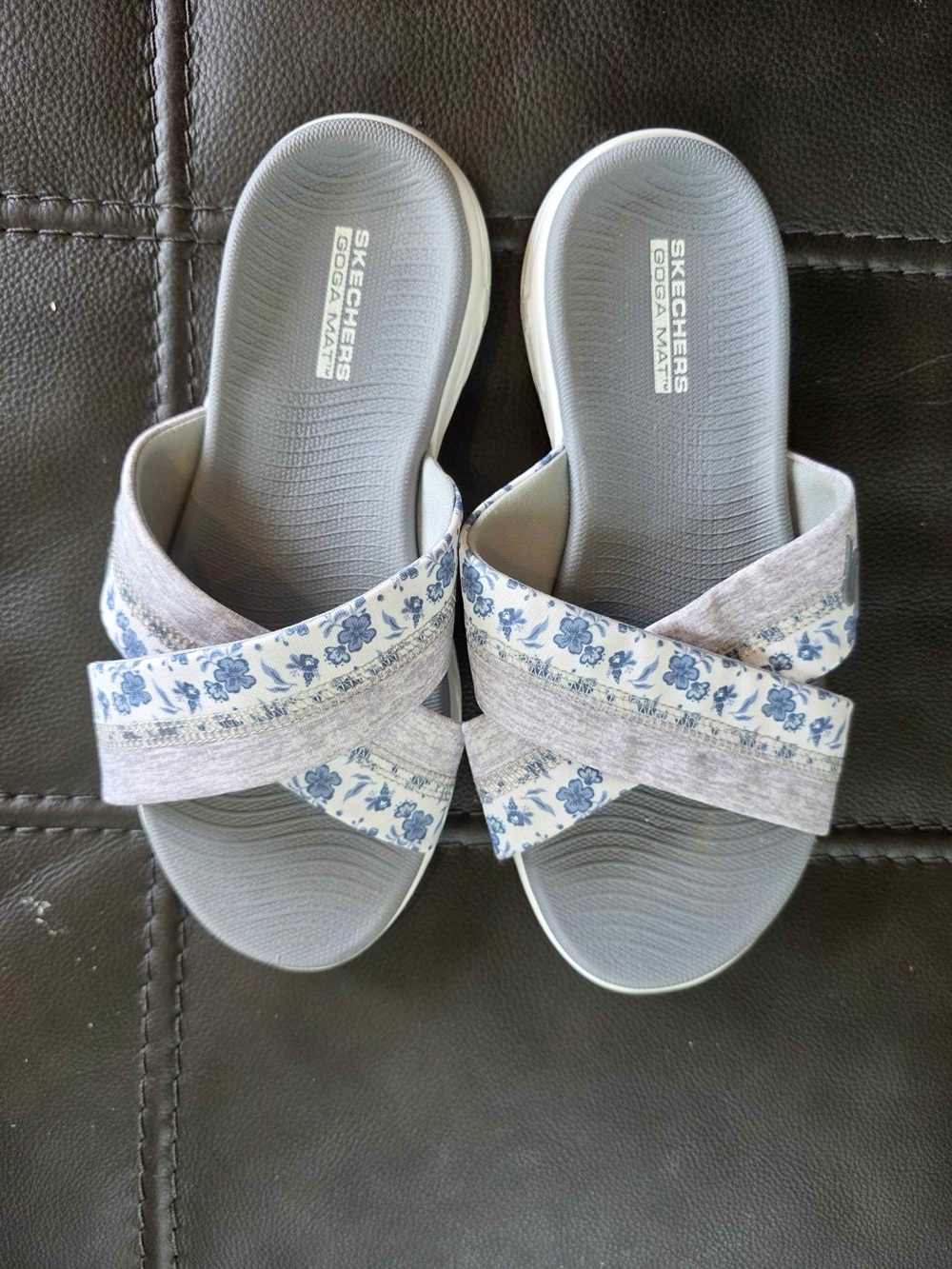 Skechers Gray Slide Sandals with Blue Floral Cross-Straps